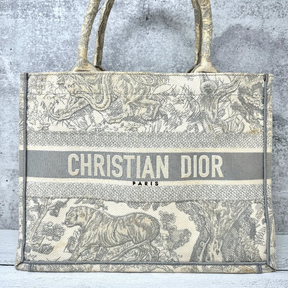 Christian Dior Medium Book Tote Toile de Jouy Beige Gray Canvas Bag - Picture 1 of 16